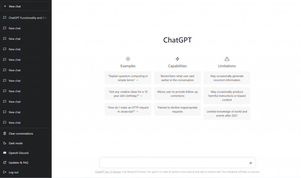 View of ChatGPT before starting a conversation.