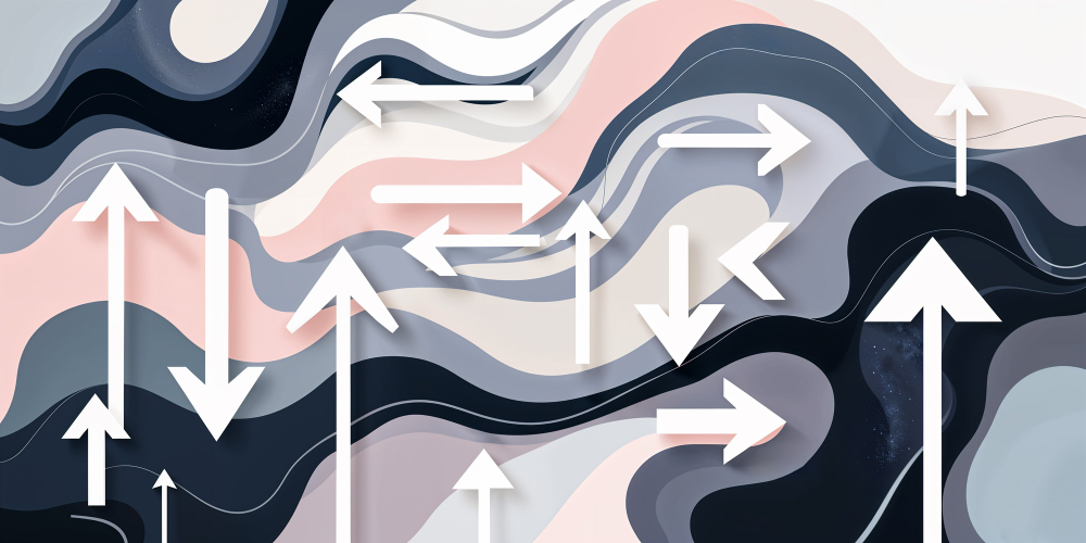 Flechas en múltiples direcciones sobre fondo abstracto, representando falta de alineación y dispersión estratégica en la comunicación.