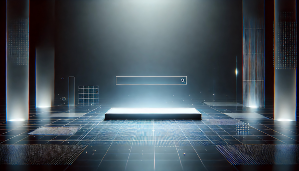 Barra de búsqueda flotante en espacio vacío — GEO y visibilidad en sistemas de inteligencia artificial generativa