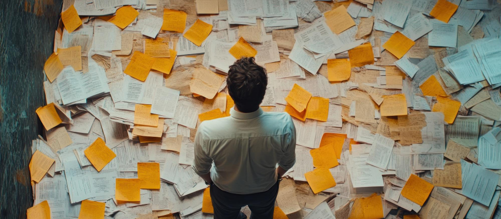 A person seen from behind, standing in front of a wall covered in documents and yellow Post-it notes – an image that reflects the complexity and confusion caused by a vague briefing.