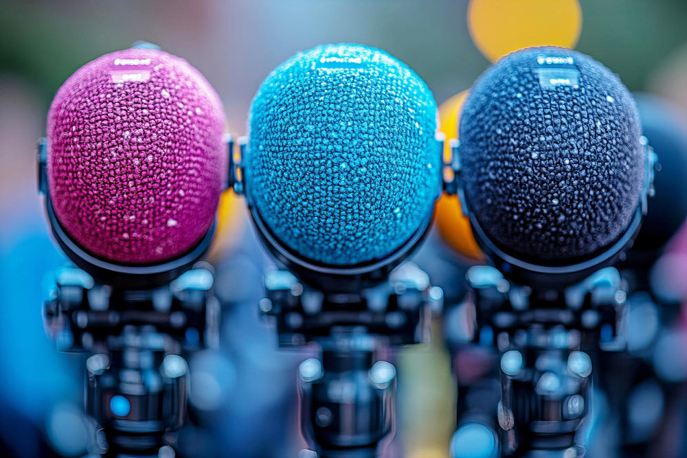Tres micrófonos de colores —rosa, azul y negro— en primer plano, imagen que evoca la multiplicidad de voces corporativas y la necesidad de un marco de discurso que les dé coherencia y dirección.